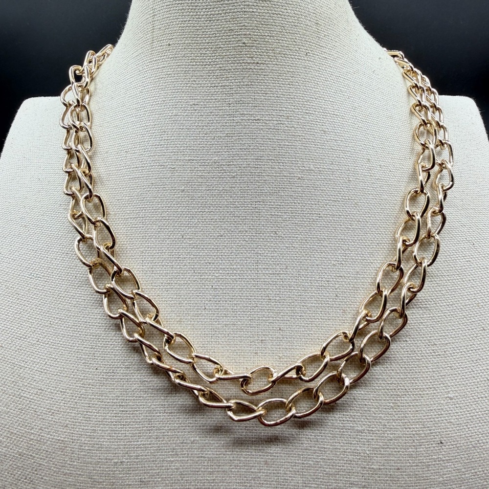 Gold Tone Long Open Link Chain Necklace Layering Double Strand Statement Jewelry